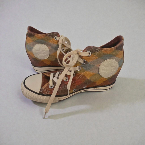 Women's Converse Plaid Wedge Sneakers Brown Orange Size 8 - Picture 3 of 5